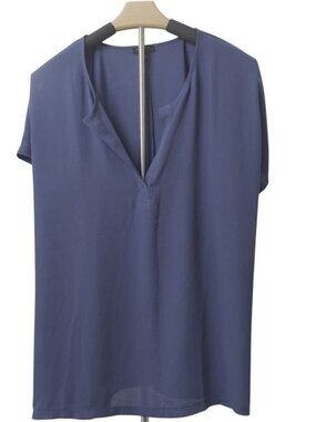 Blouse Muted Blue Split Neck Dolman Sleeve Work Top